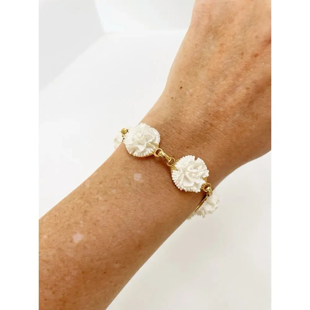 Vintage Carved White Plastic Floral Link Bracelet